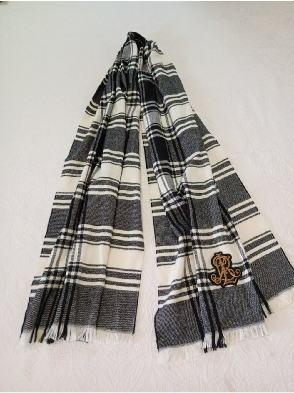 Lauren Ralph Lauren Black White Plaid Scarf Embroidery Fringed Edges